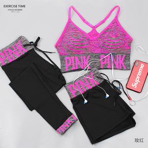 3pcs/set Women Yoga Sets Pink Letter Patchwork Running Fitness Sport Wear