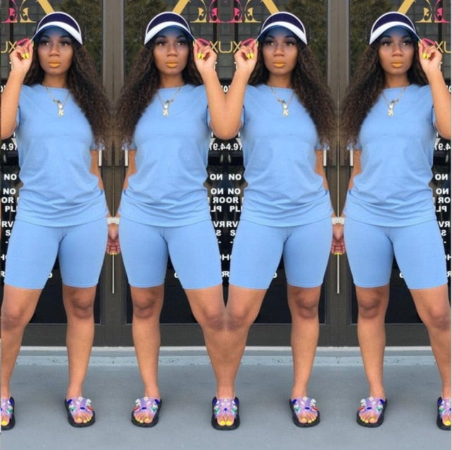 new women casual solid sporting 2 piece short sleeve top