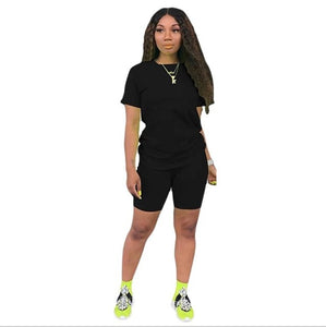 new women casual solid sporting 2 piece short sleeve top
