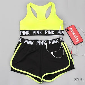 3pcs/set Women Yoga Sets Pink Letter Patchwork Running Fitness Sport Wear