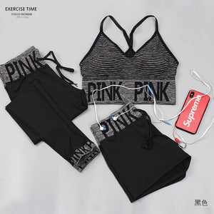 3pcs/set Women Yoga Sets Pink Letter Patchwork Running Fitness Sport Wear
