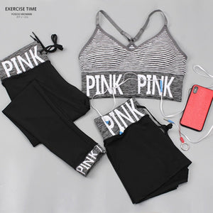 3pcs/set Women Yoga Sets Pink Letter Patchwork Running Fitness Sport Wear