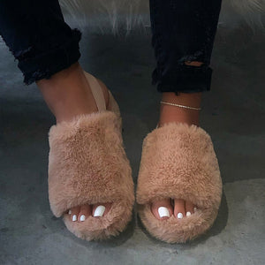Women Furry Fur Slides Indoor Home Slippers