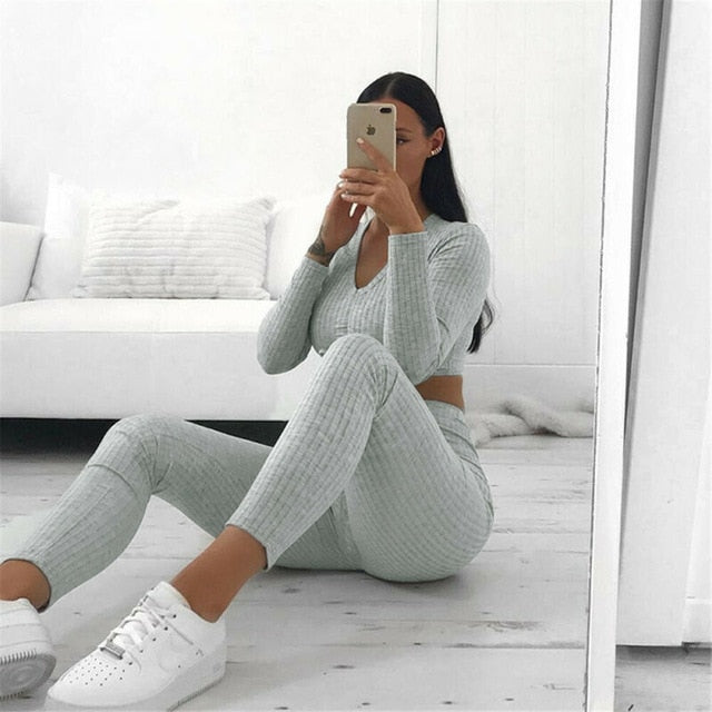 Women Knitted Lounge Wear Sets 2pcs Crop Top