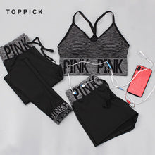 Load image into Gallery viewer, 3pcs/set Women Yoga Sets Pink Letter Patchwork Running Fitness Sport Wear
