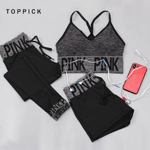 3pcs/set Women Yoga Sets Pink Letter Patchwork Running Fitness Sport Wear